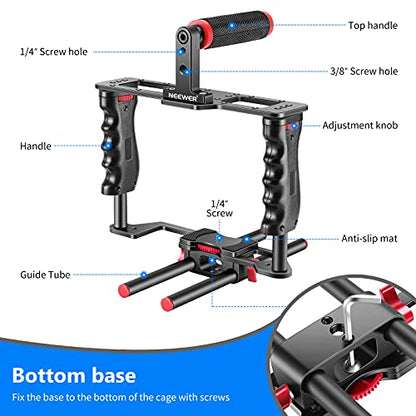 NEEWER Camera Video Cage Film Movie Making Kit, Aluminum Alloy with Top Handle, Dual Hand Grip, Two 15mm Rods, Compatible with Canon Sony Fujifilm Nikon DSLR Camera and Camcorder (Black + Red) - style: CG -MF Red