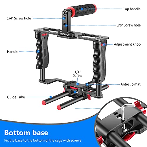 NEEWER Camera Video Cage Film Movie Making Kit, Aluminum Alloy with Top Handle, Dual Hand Grip, Two 15mm Rods, Compatible with Canon Sony Fujifilm Nikon DSLR Camera and Camcorder (Black + Red) - style: CG -MF Red