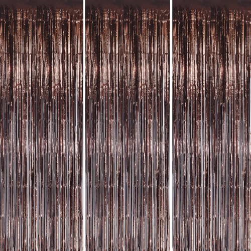 DECOCKRAT 3 Pack Foil Fringe Backdrop - Brown Shiny Tinsel Curtains for Party Decoration/Photo Booth Props - 3.3x8.2 FT Metallic Foil Backdrop for Birthday, Wedding, Graduation, Christmas. - color: Brown