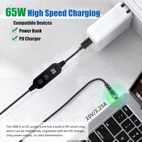 USB C to DC 5V/9V/12V/15V/20V Cable with 8 DC Conversion Heads and LED Display Screen, USB to DC Power Cable for use with PD Charger and PD Power Bank for Speakers, routers, laptops (3.9ft) - color: Black-65W usb c to dc cable