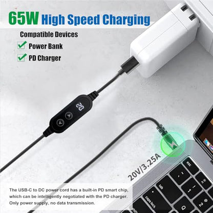 USB C to DC 5V/9V/12V/15V/20V Cable with 8 DC Conversion Heads and LED Display Screen, USB to DC Power Cable for use with PD Charger and PD Power Bank for Speakers, routers, laptops (3.9ft) - color: Black-65W usb c to dc cable
