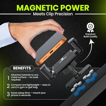 Magnetic Phone Holder for Gym with N52 Magnet and Secure Clip, Strong Magnetic Phone Mount for All Phones, Attaches to Metal Surfaces, Portable Gym Accessories for Men & Women, Secure Grip - style: Clip mount