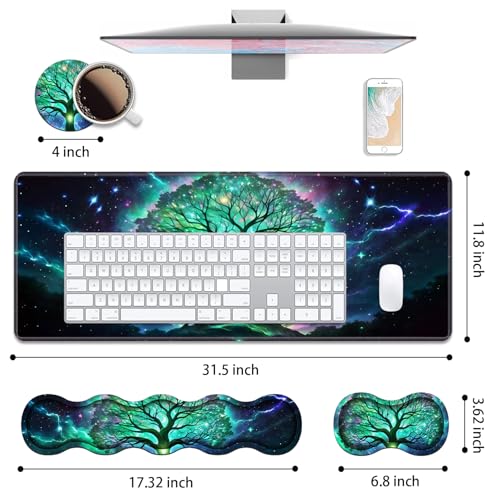 4 in 1 Ergonomic Keyboard Wrist Rest & Mouse Pad Wrist Rest Set, Large XXL Gaming Desk Mat 31.5"x 11.8" with Non-Slip Base, Memory Foam for Home Office Study Gaming, Tree of Life - color: Tree of Life