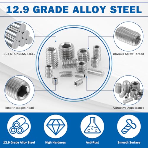 2000PCS Set Screws, 26 Sizes Metric & Sae Set Screw Assortment Kit, Allen Head Hex Socket Head Grub Screws for Bathroom Fixtures, Door Handles, 304 Stainless Steel (M3-M8, 1/8"-40 to 5/16"-18) - size: 2000PCS-Silver