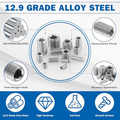 2000PCS Set Screws, 26 Sizes Metric & Sae Set Screw Assortment Kit, Allen Head Hex Socket Head Grub Screws for Bathroom Fixtures, Door Handles, 304 Stainless Steel (M3-M8, 1/8"-40 to 5/16"-18) - size: 2000PCS-Silver