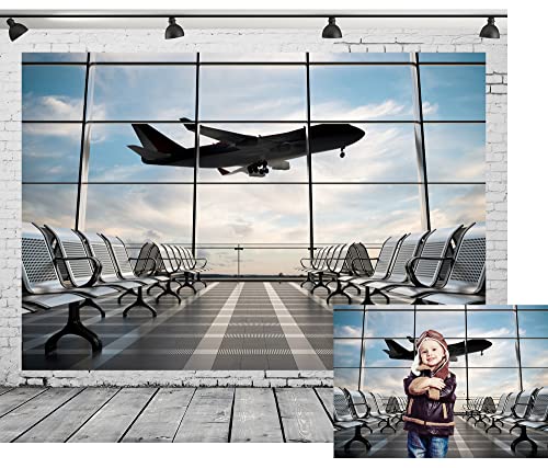7x5ft Durable Airport Backdrop Fabric No Wrinkles Airplane Photography Backdrop Airport Terminal Window Background Pilot Party Travel Plane Theme Birthday Party Decorations Photo Shoot Props - size: 7x5FT