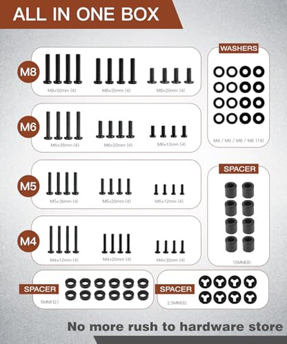 92PCS Universal TV Mounting Hardware Screw Kit Set - M4 M5 M6 M8 Screws, Spacers and Washers for Most TV/Monitor VESA Mount, TV Mount Replacement Screws with Box up to 80", Black