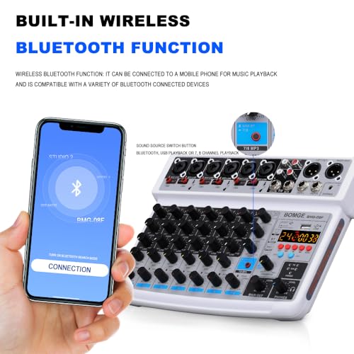 BOMGE 8 channel mini audio mixer Line Mixer,DC 5V,with MP3 Player,Bluetooth, U disk 48V,24DSP effects, USB recording Ideal for Small Clubs or Bars, Studio Recording (8 channels-WHITE)
