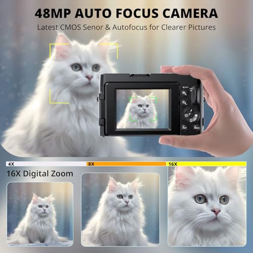 Duluvulu 4K Digital Camera for Photography Autofocus, 2026 Latest 48MP Vlogging Camera for YouTube with SD Card, 2 Batteries, 3" 180°Flip Screen Compact Travel Camera for Teens with 16X Zoom,Black - color: Black