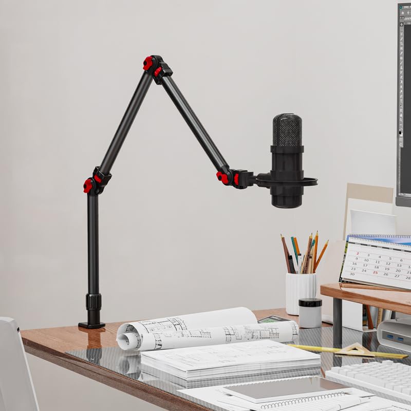REFLEX CAMERA 37" Overhead 3-Section Flex Cantilever Articulating Boom Arm with Desk/Tube C Clamp and Universal Phone Mount 1/4" 3/8" & 5/8" Screw Mount for DSLR Camera, Microphone, Light & Webcam