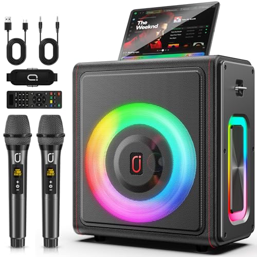 Karaoke Machine, Portable Bluetooth 5.3 Speaker with 2 Wireless Microphones for Adults, 200W Retro Leather PA System with Pitch Correction, Supports TV/TWS/TF Card/USB/AUX/Live (2MICS) - color: 2MICS