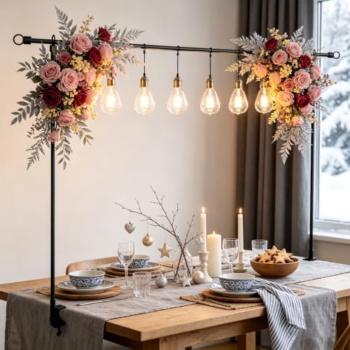 Over The Table Rod Stand with Clamps, Adjustable 31"-98'' Length 14"-47" Height Metal Table Arch Hanging for Halloween Christmas Wedding Birthday Party ﻿ - color: Black