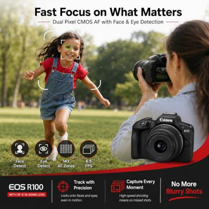 Canon EOS R100 Mirrorless Camera Body with RF-S 18-45mm F4.5-6.3 is STM Lens 6052C012 Bundle with Double Battery, Memory Card, Deco Gear Deluxe Case and Mini Tripod & Accessories - color: Sable