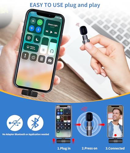 2 Pack Wireless Lavalier Microphone for iPhone, Mini Mic with Noise Cancellation for Interview Video Podcast Vlog YouTube