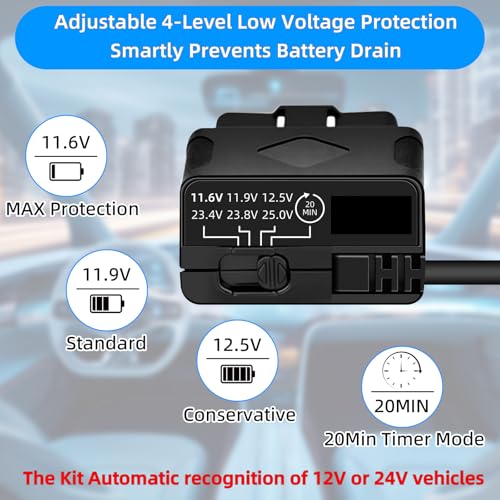 OBD2 to USB C Power Cable for Dash Cam, Plug and Play Dashcam Hardwire Kit with LED Voltmeter, 4-Level Low Voltage Protection (11.6V/11.9V/12.5V/20min), 12V-24V to 5V/3A for Parking Mode, 11.5ft/3.5M