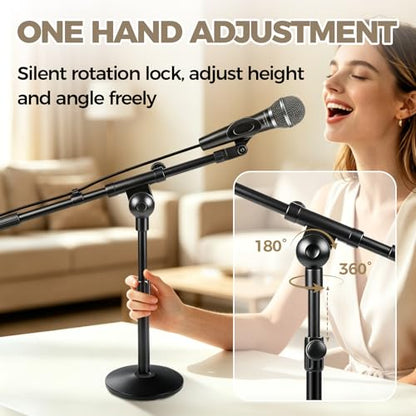Microphone Stand Desk Adjustable, Boom Arm Desktop Mic Stand Metal Weighted Base, Height-Adjustable Compatible with Multiple Microphone Sizes