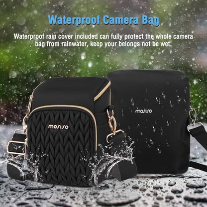 MOSISO Camera Bag, Small Dual Access Crossbody Shoulder Bag for Mirrorless/Digital Cameras, Wheat Ear Quilted Padded Camera Case with Rain Cover, Photography Purse for Canon/Nikon/Sony, Black