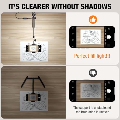 Overhead Phone Mount with USB LED Light, Adjustable Articulating Arm & 360° Rotatable Phone Holder, Flexible Stand for Live Streaming, Video Recording, Drawing, Cooking - size: 7.9-inch LED light