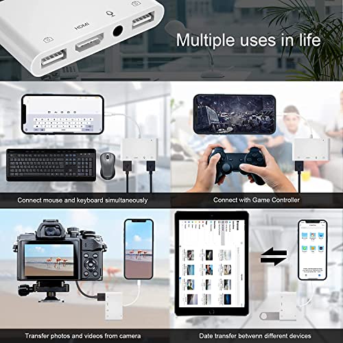 Lightning to HDMI Adapter for iPhone/iPad to TV, Dual USB OTG Adapter with Microphone Input for Live-Streaming, MIDI Keyboard, Mouse, HD TV/Projector/Monitor Compatible (White)