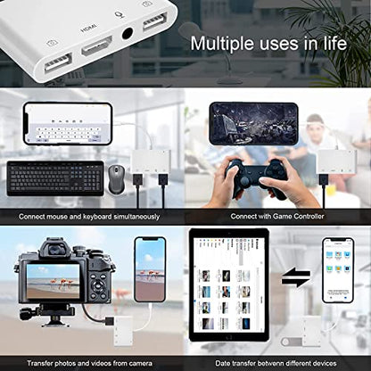 Lightning to HDMI Adapter for iPhone/iPad to TV, Dual USB OTG Adapter with Microphone Input for Live-Streaming, MIDI Keyboard, Mouse, HD TV/Projector/Monitor Compatible (White)