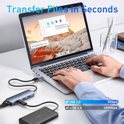 BENFEI USB-C to Gigabit Ethernet Adapter with 3-Port USB 3.0 Hub, RJ45 Network Adapter Compatible with MacBook Pro/Air, iPad Pro, iMac, Galaxy S23, XPS 17, Surface Book 3 - style: USB sideways