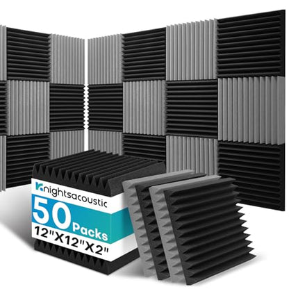50 Pack Sound Proof Foam Panels for Walls, 2 X 12 X 12 Inches Acoustic Foam Panels, High Density Acoustic Panels Sound Absorbing, Noise Cancelling Studio Wedges, Black + Grey (NOT INCLUDE ADHESIVE) - size: 50Packs Grey+Black