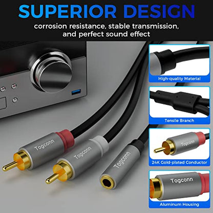 3.5mm to 2 RCA Cable (2 Pack), [24k Gold Plated] Stereo RCA Y Splitter 3.5mm Female to 2RCA Male Stereo Audio Adapter, for TV, Smartphones, MP3, Tablets, Speakers (10 Inch/25CM) - color: 3.5mm TRS Female to 2RCA Male, size: 0.6 Feet (2 Pack)