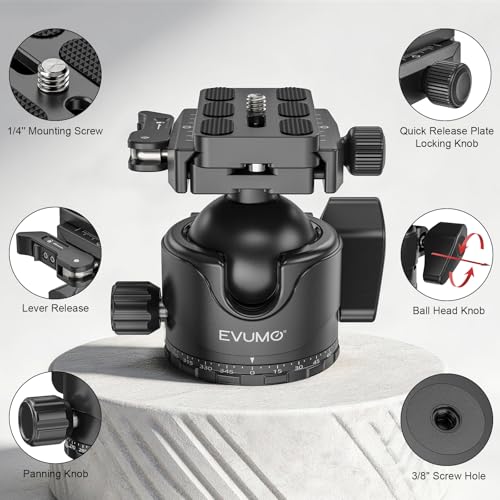 EVUMO EX46L Lever Tripod Ball Head with Stainless Steel Lock Pin, 46mm Low Profile Ball Head Mount with Arca Swiss Quick Release Plate, Compatible with Tripod Monopod DSLR Camera Camcorder Telescope