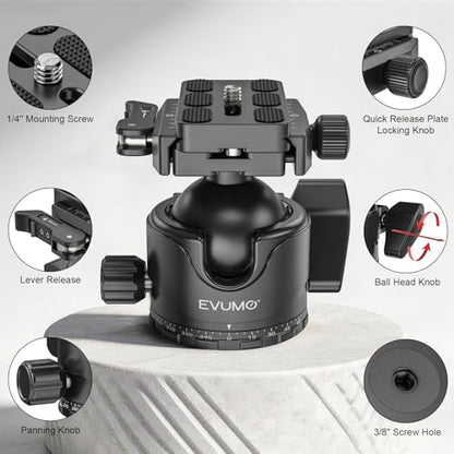 EVUMO EX46L Lever Tripod Ball Head with Stainless Steel Lock Pin, 46mm Low Profile Ball Head Mount with Arca Swiss Quick Release Plate, Compatible with Tripod Monopod DSLR Camera Camcorder Telescope