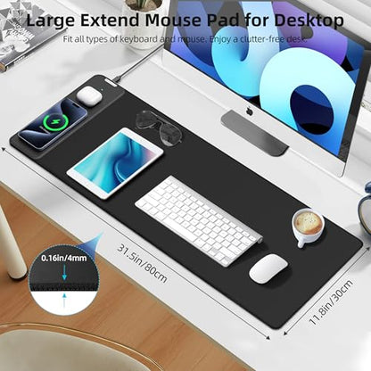 Mouse Pad with Wireless Charging, Gaming Mouse Pad with Ultra-Smooth Surface, Large XXL Desk Mat, Non-Slip Mouse Mat, Waterproof Computer Keyboard Pad for Gaming, Desk, Office, PC, 800x300x4MM, Black - color: Black - 31.5"x11.8"