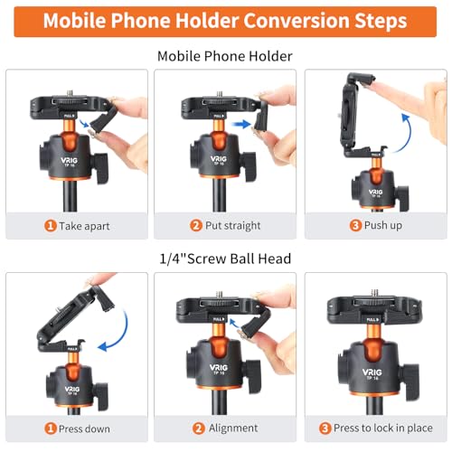VRIG TP16 Camera Tripod, 55" Extendable Phone Selfie Stick Camera Tripod Stand with 2 in 1 Phone Clip, 5 Levels Adjustment 360° Ball Head Loads Up for DJI OSMO Pocket 4/3 Insta360 X5 iPhone Sony Canon - color: A0085
