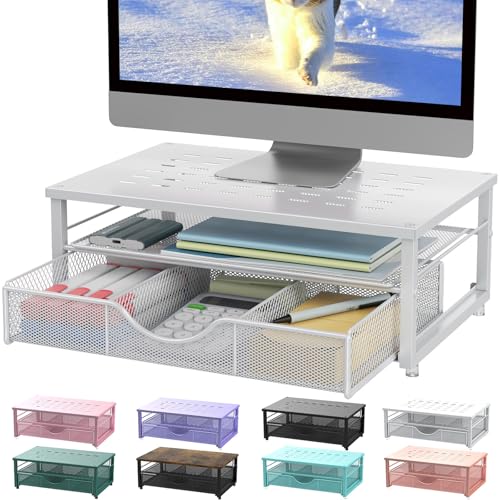 gianotter Computer Monitor Stand Riser, office organizer with Drawer, Office Organizers Storage for Classroom Office Supplies (White) - color: White