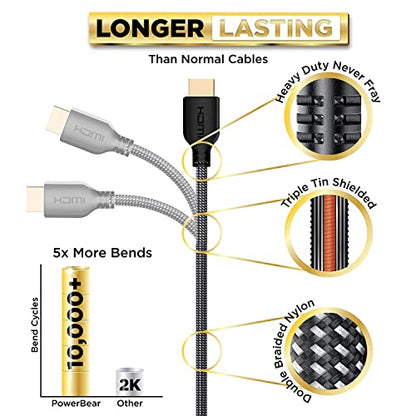 PowerBear 4K HDMI Cable 10 ft | High Speed Hdmi Cables, Braided Nylon & Gold Connectors, 4K @ 60Hz, Ultra HD, 2K, 1080P, ARC & CL3 Rated | for Laptop, Monitor, PS5, PS4, Xbox One, Fire TV, & More - size: 10ft
