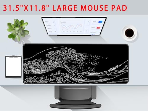 Gaming Mouse Pad Black Mouse Pad Japanese Kanagawa Large Mousepad Non-Slip Rubber Base with Stitched Edges for Gaming Office Home, 31.5x11.8 Inch - color: Sea Wave, size: 31.5L x 11.8W inches
