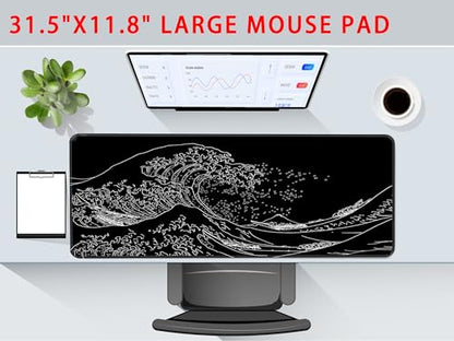 Gaming Mouse Pad Black Mouse Pad Japanese Kanagawa Large Mousepad Non-Slip Rubber Base with Stitched Edges for Gaming Office Home, 31.5x11.8 Inch - color: Sea Wave, size: 31.5L x 11.8W inches