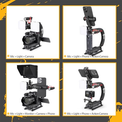 Zeadio Video Handheld Stabilizer, All-in-One Camera Handle Grip Rig Kit with Dimmable LED Video Light, Microphone, Phone Holder, Action Camera Adapter for Filmmaking Vlogging YouTube TikTok etc - style: Pro Kit
