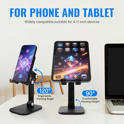 Foldable Desk Phone Stand, Adjustable Phone Holder, Heavy Non-Slip Base, Charging Hole, Thick Case Friendly Cradle for Most Smartphones, iPhone Samsung iPad Tablet Home Office Travel
