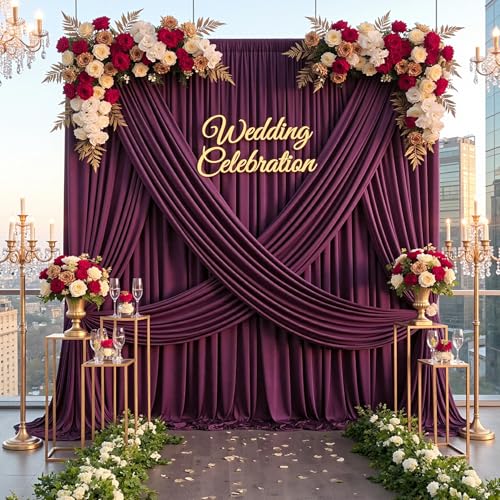 50ft×12ft Wrinkle Free Burgundy Backdrop Curtain for Wedding Parties, 10 Panels 5×12ft Long Soft Silky Polyester Backdrop Drapes Maroon Photo Back Drop Cloth for Birthday Photography Background - color: Burgundy, size: 12ft Long_10 Panels