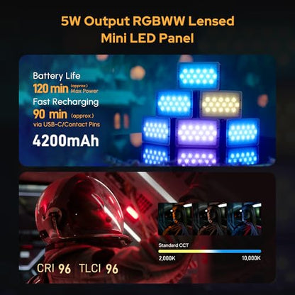 Aputure MC Pro RGBWW On Camera Video Light,5W High Brightness 1585 Lux at 0.5m,2000-10000K Adjustable Magnetic Attraction and IP65 Weatherproo for Photography,Videographer