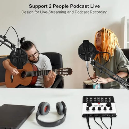 SINWE Podcast Equipment Bundle for 2, F993 Voice Changer with 2 * 3.5mm Condenser Microphones, Live Sound Card - Audio Interface for Vlog/Live Streaming/Singing/YouTube/Gaming - size: 2 MIC