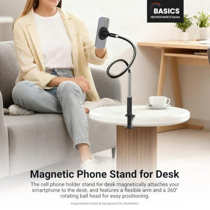 NEEWER Basics Magnetic Phone Stand for Desk, 360° Overhead Table Cellphone Holder Clamp Mount with Flexible Arm, Compatible with MagSafe iPhone Android Samsung for Bed Video Recording, PA151 Black - style: PA151 Black
