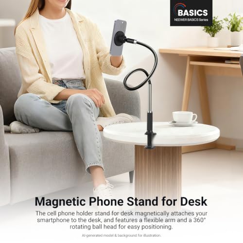 NEEWER Basics Magnetic Phone Stand for Desk, 360° Overhead Table Cellphone Holder Clamp Mount with Flexible Arm, Compatible with MagSafe iPhone Android Samsung for Bed Video Recording, PA151 Black - style: PA151 Black