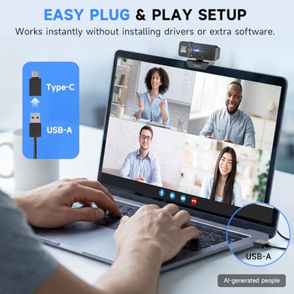 PHILIPS 4K Webcam for PC with Microphone, Computer Camera for Meetings with Privacy Cover, Plug & Play USB Web cam for Laptop, Desktop, Zoom, Teams, Skype, Video Conferencing, Streaming - Black