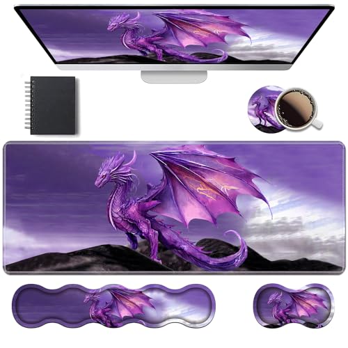 Ergonomic Keyboard Wrist Rest & Mouse Pad Wrist Rest Set, Large XXL Gaming Desk Mat 31.5"x 11.8" with Memory Foam, Easy Typing Pain Relief for Office & Home, Purple Dragon - color: Purple Dragon