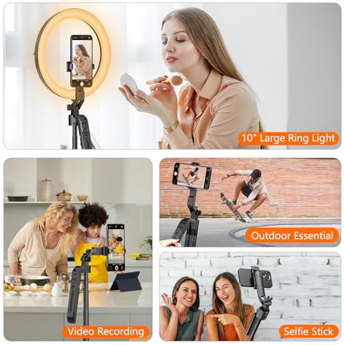 Auto Face Tracking Self Stick Tripod for iPhone with 10" Ring Light Hands-Free 360°Adjustable 70.9 Inch Smart Phone Stand with Remote for Content Creator Vlog Video Recording - size: Tracking Tripod with 10" Ring Light
