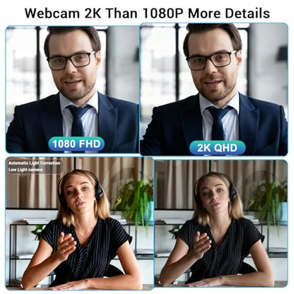 Hprosper 2K Webcam with Microphone, Automatic Light Correction & Privacy Cover, Wide Angle USB Camera for PC, Laptop, Mac, Zoom, Gaming, Streaming, Conference Room, Video Conferencing