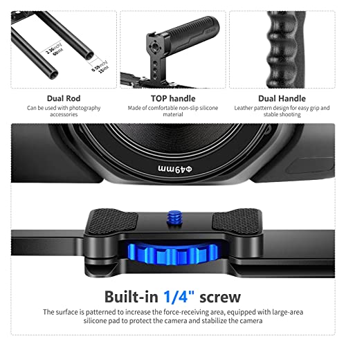 NEEWER Aluminum Alloy Camera Cage, Filmmaking Rig with Top Handle, Dual Grips & Arca Type Base, Compatible with Sony A7S III A7IV A6600 Canon EOS R5C R5 R6 DSLR/Mirrorless Cameras - VS107, Blue - style: VS107 Blue