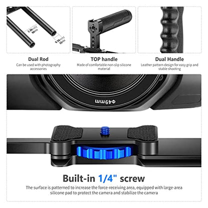 NEEWER Aluminum Alloy Camera Cage, Filmmaking Rig with Top Handle, Dual Grips & Arca Type Base, Compatible with Sony A7S III A7IV A6600 Canon EOS R5C R5 R6 DSLR/Mirrorless Cameras - VS107, Blue - style: VS107 Blue