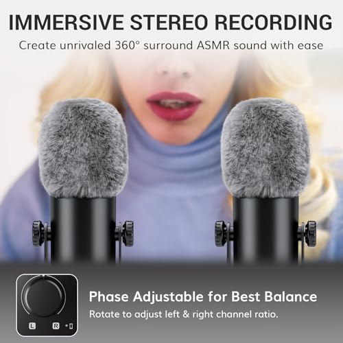 TONOR ASMR Microphone Equipment Bundle with Audio Interface, Immersive 3D Stereo Audio, Dual Condenser Mics with Audio Mixer, Clear Sound, Volume Control, with Furry Windscreens, Set for ASMR, Black - color: Black
