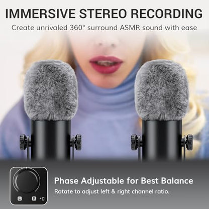 TONOR ASMR Microphone Equipment Bundle with Audio Interface, Immersive 3D Stereo Audio, Dual Condenser Mics with Audio Mixer, Clear Sound, Volume Control, with Furry Windscreens, Set for ASMR, Black - color: Black